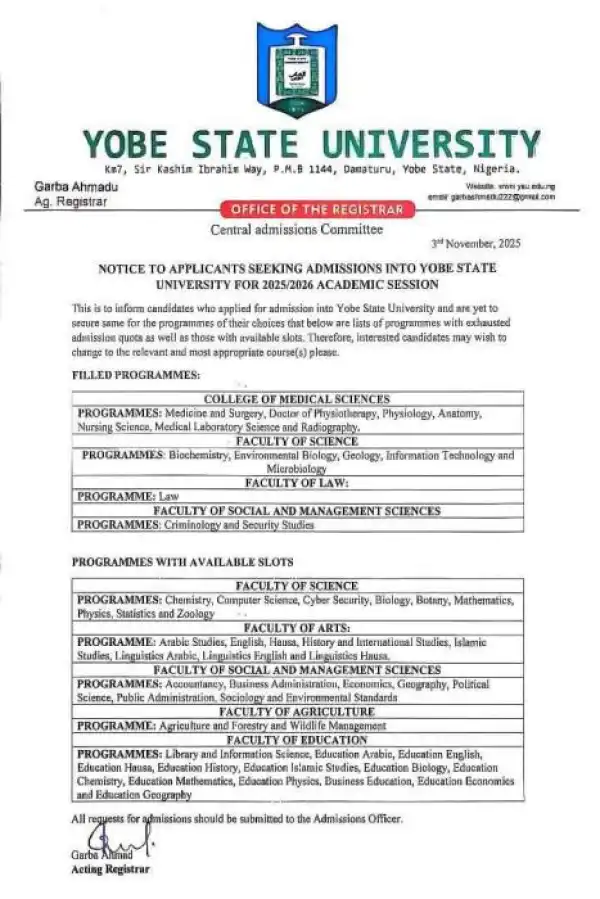 YSU notice to UTME candidates yet to secure admission, 2025/2026