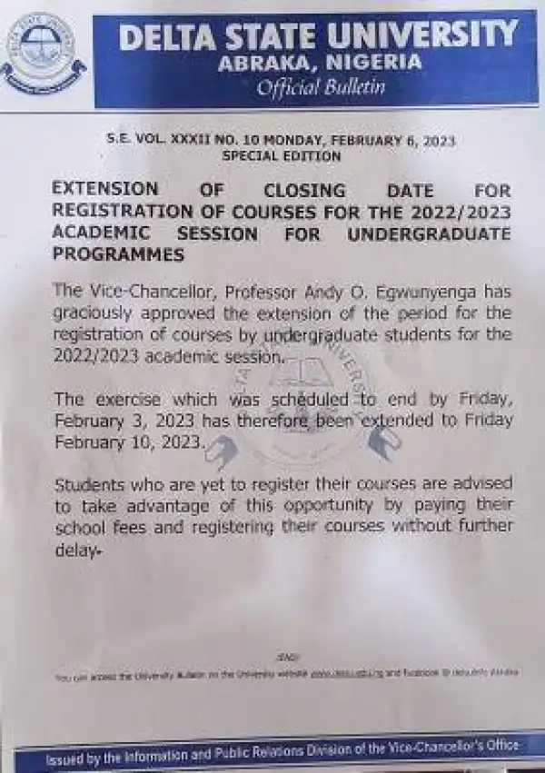 DELSU extends course registration deadline, 2022/2023