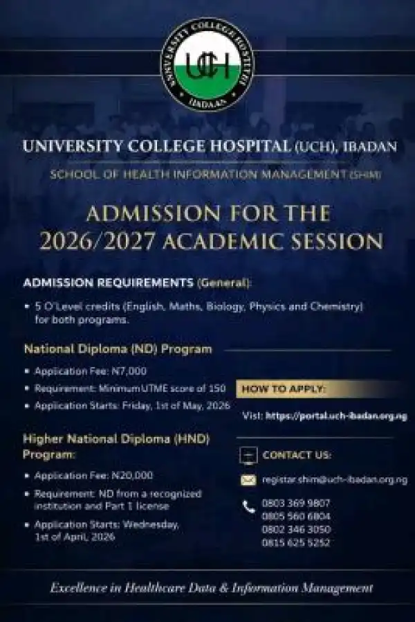 UCH, Ibadan School of Health Information Management Applications for 2026/2027 Session