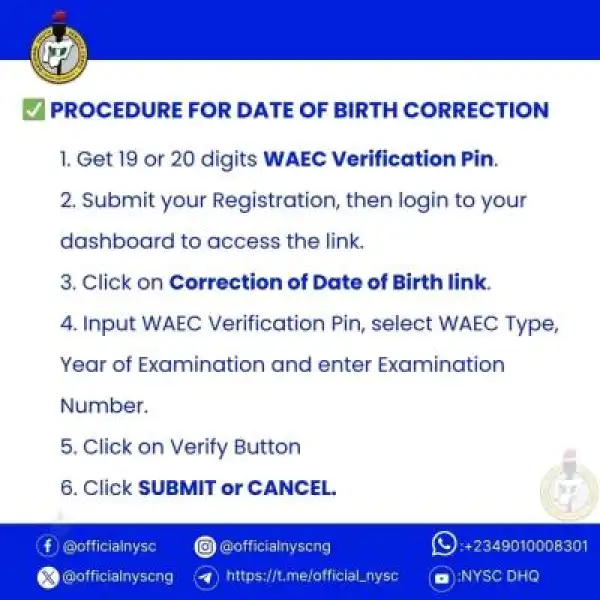 NYSC notice to prospective corps members on date of birth correction