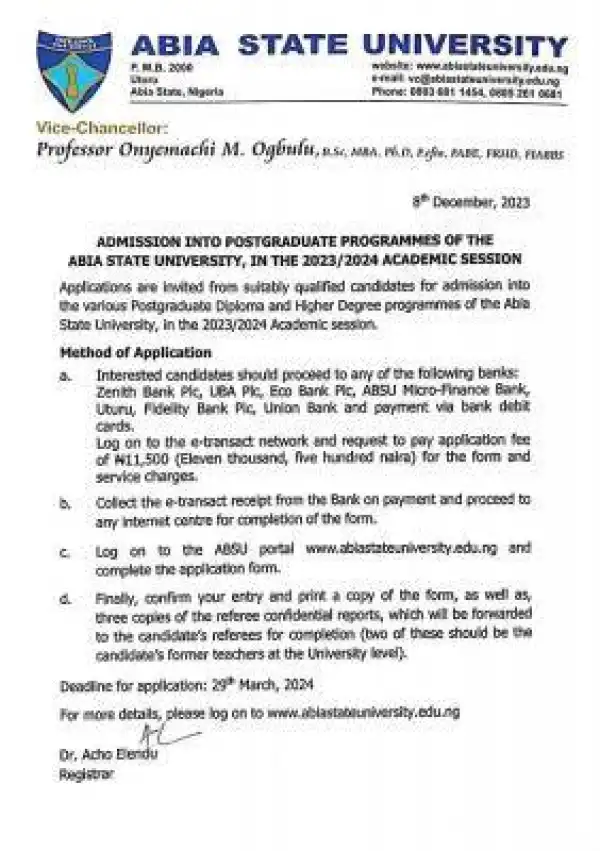 ABSU admission into Postgraduate & Higher Degree Programmes, 2023/2024