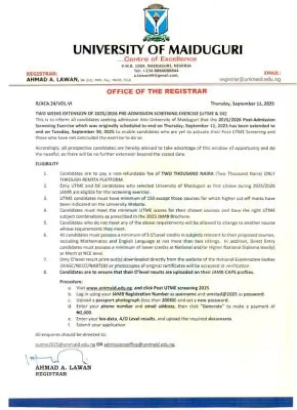 UNIMAID extends Post UTME registration deadline, 2025/2026