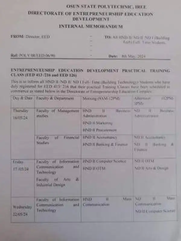 OSPOLY notice to students on EED training classes