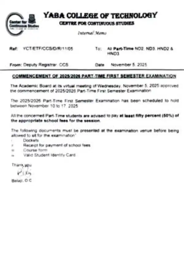 YABATECH announces commencement of part time first semester exam, 2025/2026
