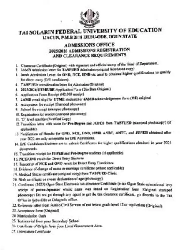 TASUED registration and clearance requirements for new students, 2025/2026