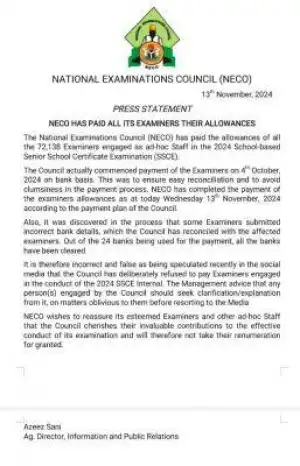 NECO update on payment of examiners allowances