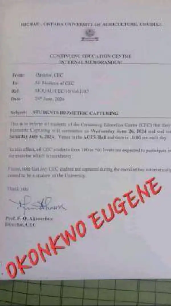 MOUAU notice on students biometric capturing
