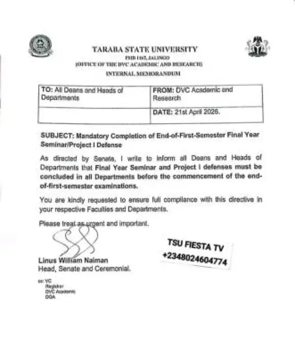 TASU notice on completion of Final Year Seminar/Project Defenses before 1st semester exams