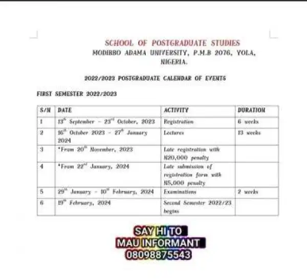 MAUTECH adjusted postgraduate academic calendar, 2022/2023 session