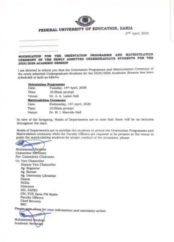 Federal University Zaria announces orientation and matriculation for new students, 2025/2026