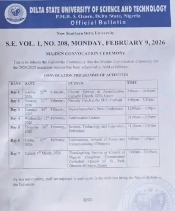 Southern Delta University announces maiden convocation ceremony for 2024/2025 session