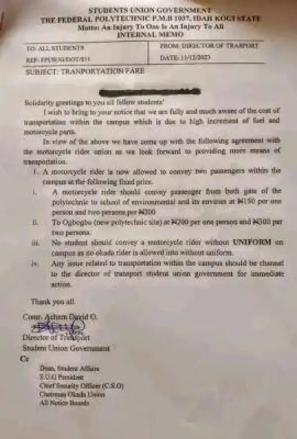 Federal Poly Idah notice to students on cost of transportation within the Polytechnic campus