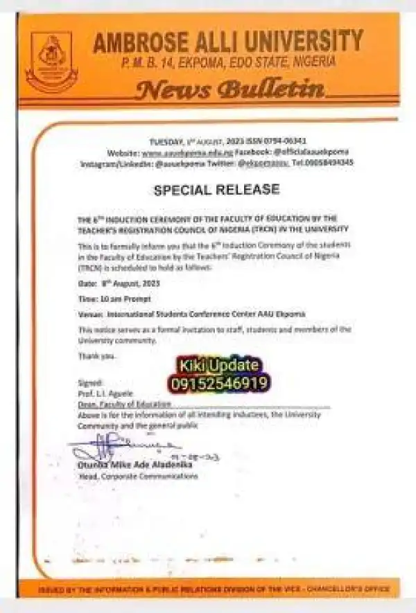 AAU Faculty of Education 6th Induction Ceremony by TRCN to hold 8th August