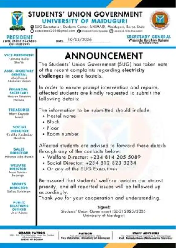 UNIMAID SUG notice to students regarding electricity challenges in the hostels