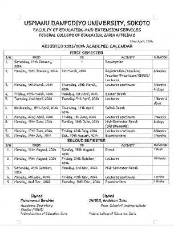 FCE Zaria (UDUS affiliated) releases adjusted academic calendar, 2023/2024