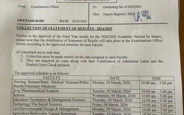 UI schedule for collection of statements of result for the graduating set, 2024/2026