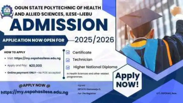 Ogun State Poly. of Health and Allied science Certificate, Technician & HND Admission, 2025/2026