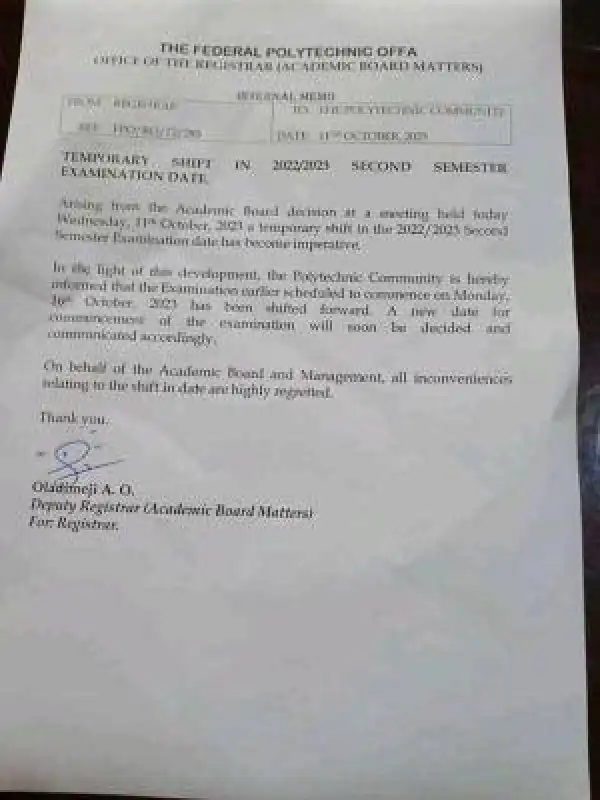 The Fed Poly Offa notice on postponement of 2nd semester exam, 2022/2023