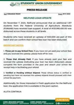 FUNAAB SUG update for students on NELFUND loan