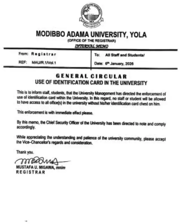 MAUTECH notice to students on the use of Identification Cards within the campus