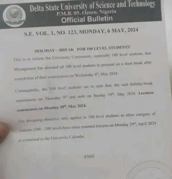 DSUST, Ozoro notice of Holiday break for 100 level students