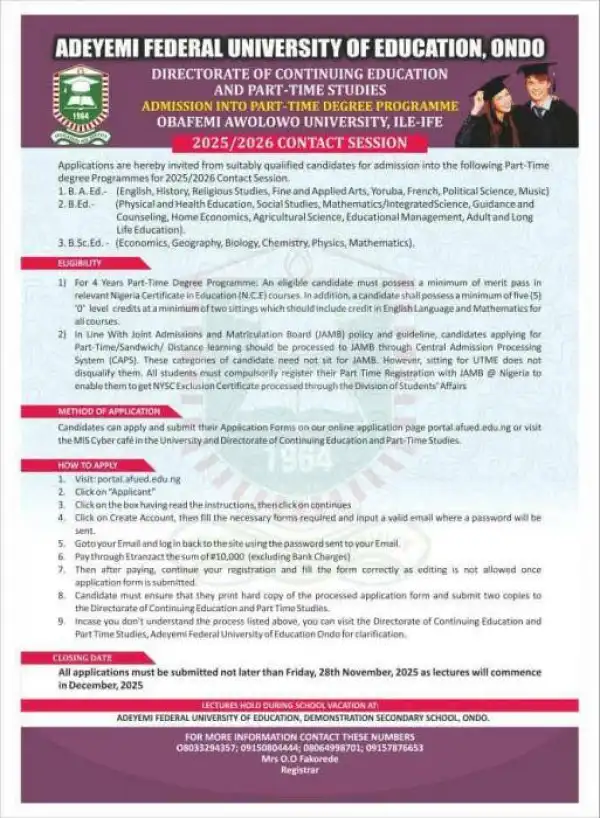 Adeyemi Federal University of Education Part-time Admission form, 2025/2026