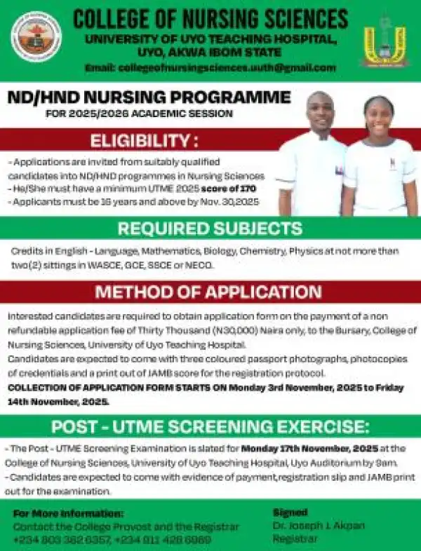 University of Uyo Teaching Hospital ND/HND Nursing admission, 2025/2026