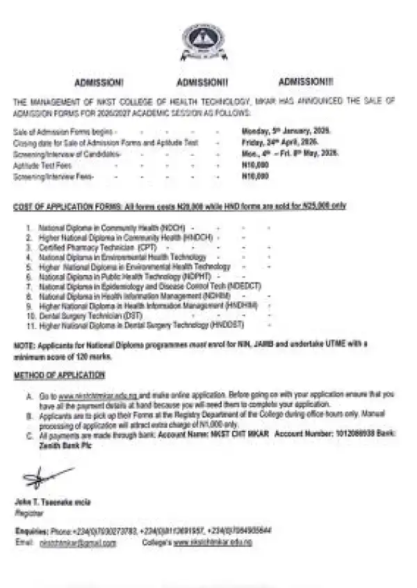 NKST College of Health Technology, Mkar Admission Forms for 2026/2027 Session