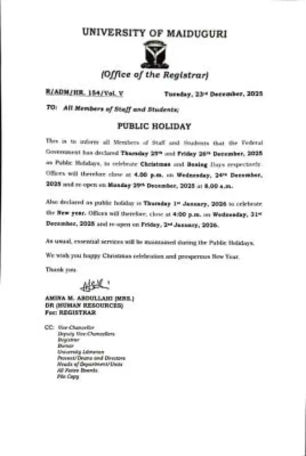UNIMAID announces Christmas and New Year holidays