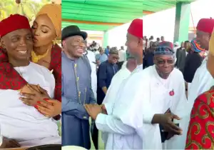 Moment Obasanjo and Jonathan stand to welcome Regina Daniels and husband at Ghana’s new President’s inauguration