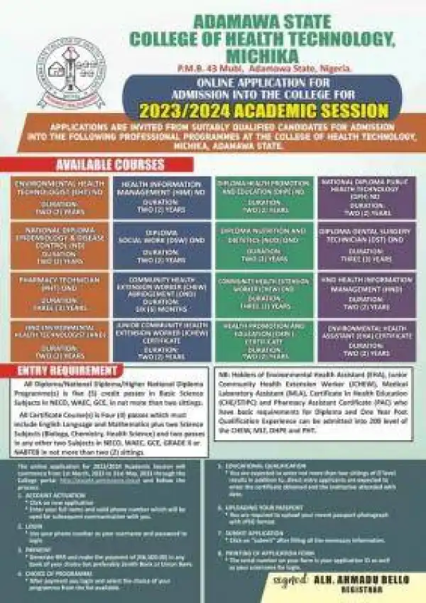 Adamawa State College of Health Technology admission, 2023/2024