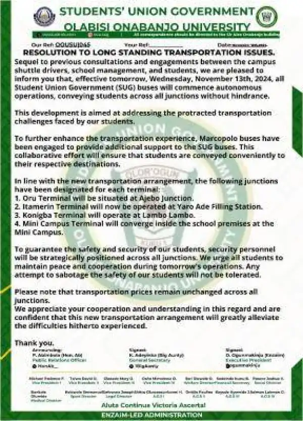 OOU resolution to long standing transportation issues.