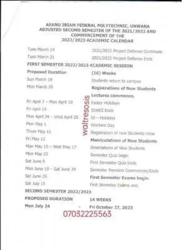 Akanu Ibiam Poly adjusted academic calendar, 2021/2022 & 2022/2023